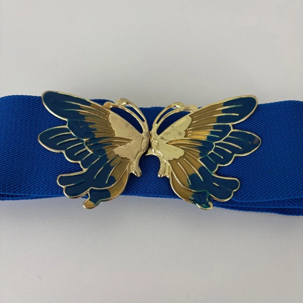 Vintage Royal Blue Elastic Cinch‎ Belt Gold Butterfly Enamel Buckle Fairycore